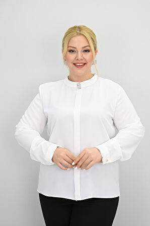 Kadın Büyük Beden Hakim Yaka Taş Broş Detaylı Bluz 0034-25
