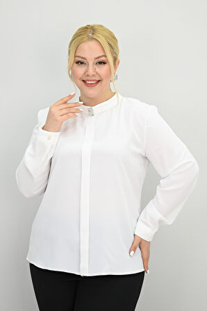 Kadın Büyük Beden Hakim Yaka Taş Broş Detaylı Bluz 0034-25