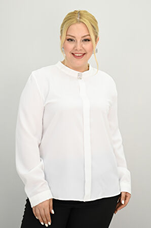 Kadın Büyük Beden Hakim Yaka Taş Broş Detaylı Bluz 0034-25