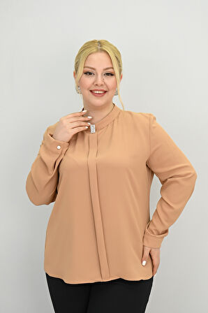 Kadın Büyük Beden Hakim Yaka Taş Broş Detaylı Bluz 0034-25