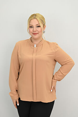 Kadın Büyük Beden Hakim Yaka Taş Broş Detaylı Bluz 0034-25