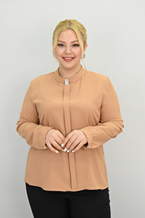 Kadın Büyük Beden Hakim Yaka Taş Broş Detaylı Bluz 0034-25
