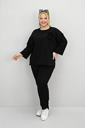 Kadın Büyük Beden Uzun Kollu Çiçek Aksesuarlı Eşofman Takımı 8182-25