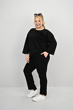 Kadın Büyük Beden Uzun Kollu Çiçek Aksesuarlı Eşofman Takımı 8182-25