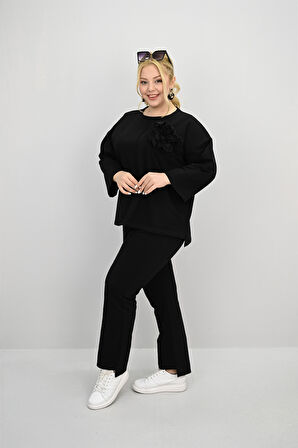 Kadın Büyük Beden Uzun Kollu Çiçek Aksesuarlı Eşofman Takımı 8182-25