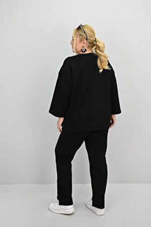 Kadın Büyük Beden Uzun Kollu Çiçek Aksesuarlı Eşofman Takımı 8182-25