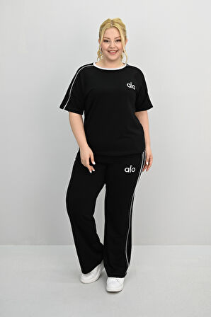 Kadın Büyük Beden Kısa Kollu Nakış İşleme Detaylı Bol Paça Eşofman Takımı 8191-25