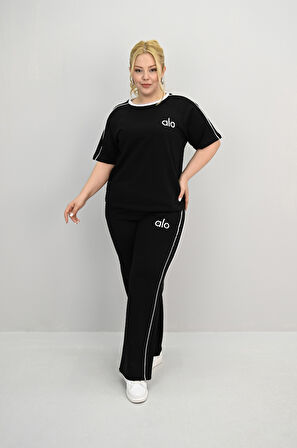 Kadın Büyük Beden Kısa Kollu Nakış İşleme Detaylı Bol Paça Eşofman Takımı 8191-25