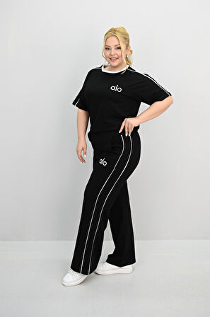 Kadın Büyük Beden Kısa Kollu Nakış İşleme Detaylı Bol Paça Eşofman Takımı 8191-25