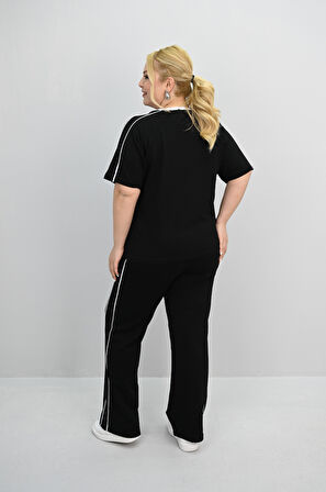 Kadın Büyük Beden Kısa Kollu Nakış İşleme Detaylı Bol Paça Eşofman Takımı 8191-25