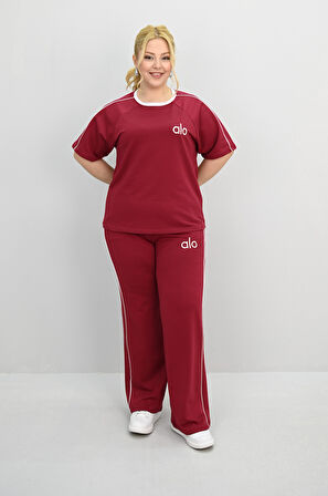 Kadın Büyük Beden Kısa Kollu Nakış İşleme Detaylı Bol Paça Eşofman Takımı 8191-25