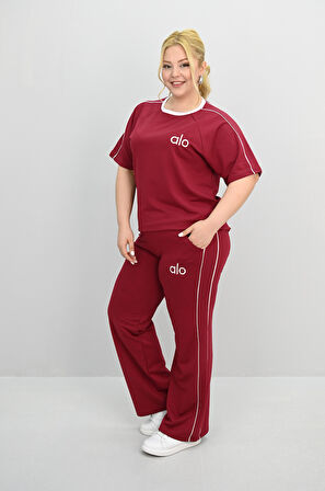 Kadın Büyük Beden Kısa Kollu Nakış İşleme Detaylı Bol Paça Eşofman Takımı 8191-25