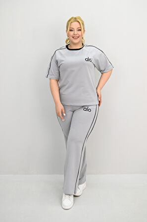 Kadın Büyük Beden Kısa Kollu Nakış İşleme Detaylı Bol Paça Eşofman Takımı 8191-25