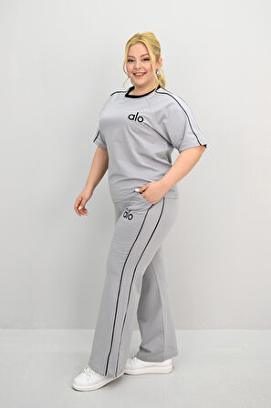 Kadın Büyük Beden Kısa Kollu Nakış İşleme Detaylı Bol Paça Eşofman Takımı 8191-25