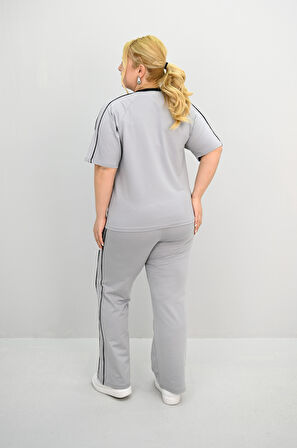 Kadın Büyük Beden Kısa Kollu Nakış İşleme Detaylı Bol Paça Eşofman Takımı 8191-25