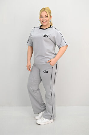 Kadın Büyük Beden Kısa Kollu Nakış İşleme Detaylı Bol Paça Eşofman Takımı 8191-25