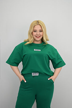 Kadın Büyük Beden Kısa Kollu Etiket Detaylı Bol Paça Eşofman Takımı 8196-25