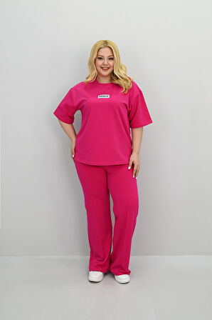 Kadın Büyük Beden Kısa Kollu Etiket Detaylı Bol Paça Eşofman Takımı 8196-25