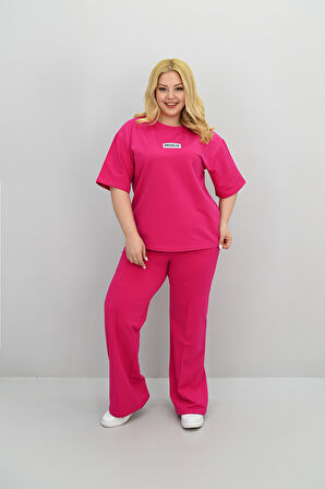 Kadın Büyük Beden Kısa Kollu Etiket Detaylı Bol Paça Eşofman Takımı 8196-25