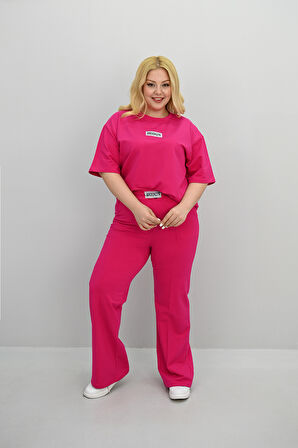 Kadın Büyük Beden Kısa Kollu Etiket Detaylı Bol Paça Eşofman Takımı 8196-25