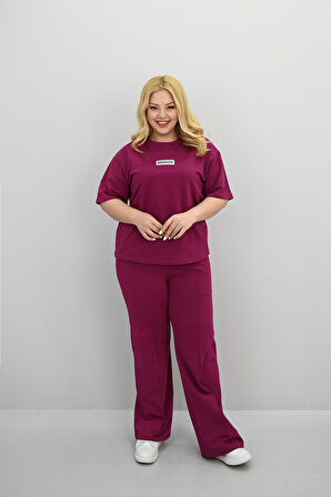 Kadın Büyük Beden Kısa Kollu Etiket Detaylı Bol Paça Eşofman Takımı 8196-25