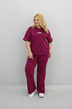 Kadın Büyük Beden Kısa Kollu Etiket Detaylı Bol Paça Eşofman Takımı 8196-25