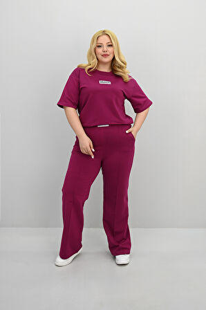 Kadın Büyük Beden Kısa Kollu Etiket Detaylı Bol Paça Eşofman Takımı 8196-25