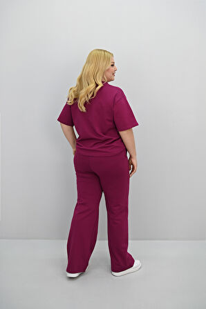 Kadın Büyük Beden Kısa Kollu Etiket Detaylı Bol Paça Eşofman Takımı 8196-25