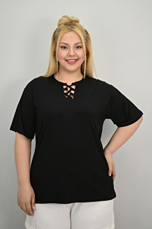 Kadın Büyük Beden Kısa Kollu Yakası Biye Detaylı Bluz 1970-25