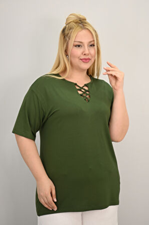 Kadın Büyük Beden Kısa Kollu Yakası Biye Detaylı Bluz 1970-25