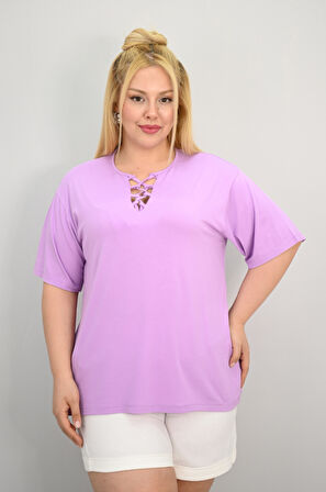 Kadın Büyük Beden Kısa Kollu Yakası Biye Detaylı Bluz 1970-25