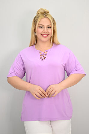 Kadın Büyük Beden Kısa Kollu Yakası Biye Detaylı Bluz 1970-25