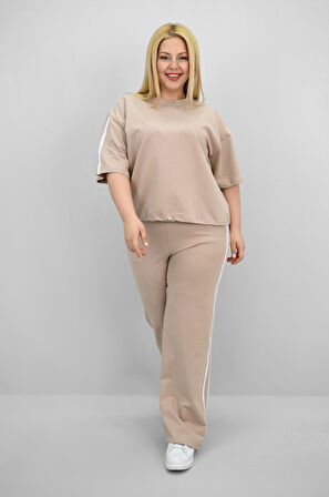 Kadın Büyük Beden Şerit ve Bel Büzgü Detaylı Kısa Kollu Eşofman Takımı 8197-25