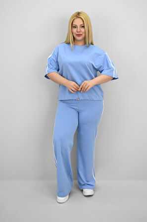 Kadın Büyük Beden Şerit ve Bel Büzgü Detaylı Kısa Kollu Eşofman Takımı 8197-25