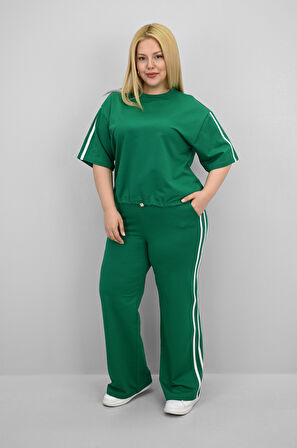 Kadın Büyük Beden Şerit ve Bel Büzgü Detaylı Kısa Kollu Eşofman Takımı 8197-25