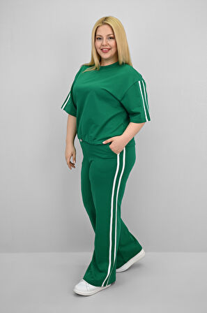 Kadın Büyük Beden Şerit ve Bel Büzgü Detaylı Kısa Kollu Eşofman Takımı 8197-25