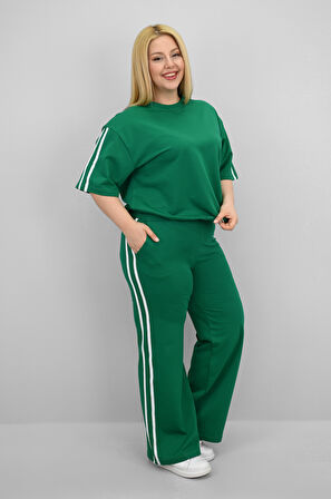 Kadın Büyük Beden Şerit ve Bel Büzgü Detaylı Kısa Kollu Eşofman Takımı 8197-25