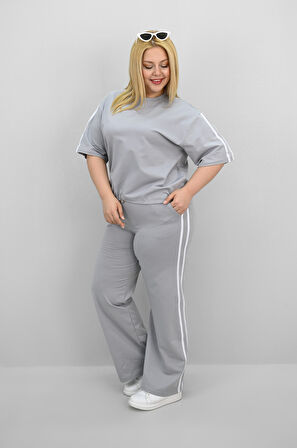 Kadın Büyük Beden Şerit ve Bel Büzgü Detaylı Kısa Kollu Eşofman Takımı 8197-25