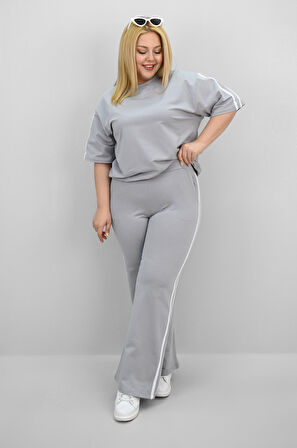 Kadın Büyük Beden Şerit ve Bel Büzgü Detaylı Kısa Kollu Eşofman Takımı 8197-25
