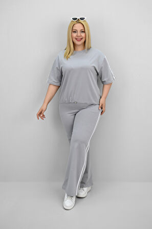 Kadın Büyük Beden Şerit ve Bel Büzgü Detaylı Kısa Kollu Eşofman Takımı 8197-25