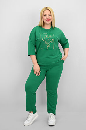 Kadın Büyük Beden Kısa Kollu Çiçek İşlemeli Eşofman Takımı 8199-25