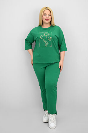 Kadın Büyük Beden Kısa Kollu Çiçek İşlemeli Eşofman Takımı 8199-25