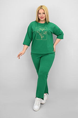 Kadın Büyük Beden Kısa Kollu Çiçek İşlemeli Eşofman Takımı 8199-25