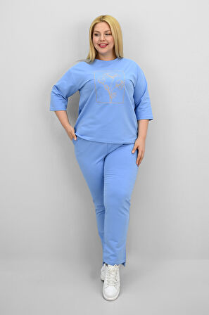 Kadın Büyük Beden Kısa Kollu Çiçek İşlemeli Eşofman Takımı 8199-25