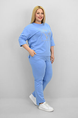 Kadın Büyük Beden Kısa Kollu Çiçek İşlemeli Eşofman Takımı 8199-25