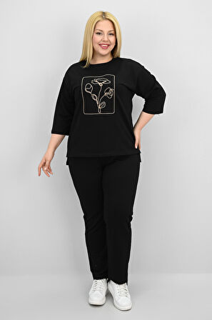 Kadın Büyük Beden Kısa Kollu Çiçek İşlemeli Eşofman Takımı 8199-25