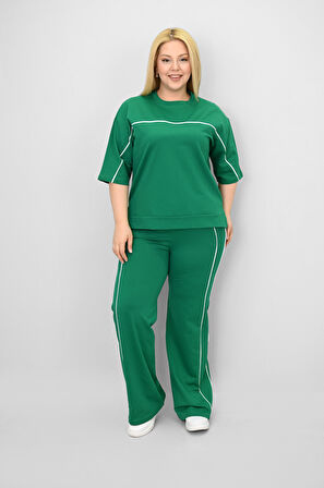 Kadın Büyük Beden Kısa Kollu Ara Biye Detaylı Bol Paça Eşofman Takımı 8189-25