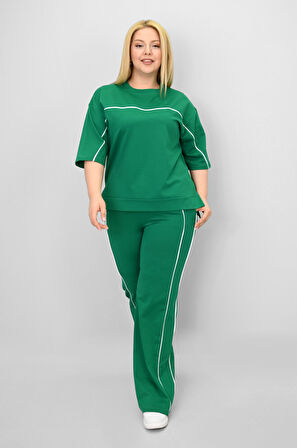 Kadın Büyük Beden Kısa Kollu Ara Biye Detaylı Bol Paça Eşofman Takımı 8189-25