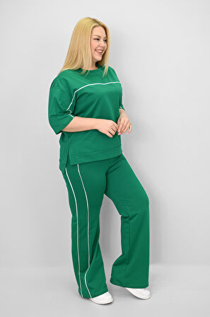 Kadın Büyük Beden Kısa Kollu Ara Biye Detaylı Bol Paça Eşofman Takımı 8189-25