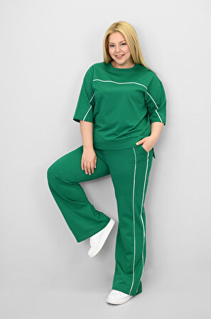 Kadın Büyük Beden Kısa Kollu Ara Biye Detaylı Bol Paça Eşofman Takımı 8189-25